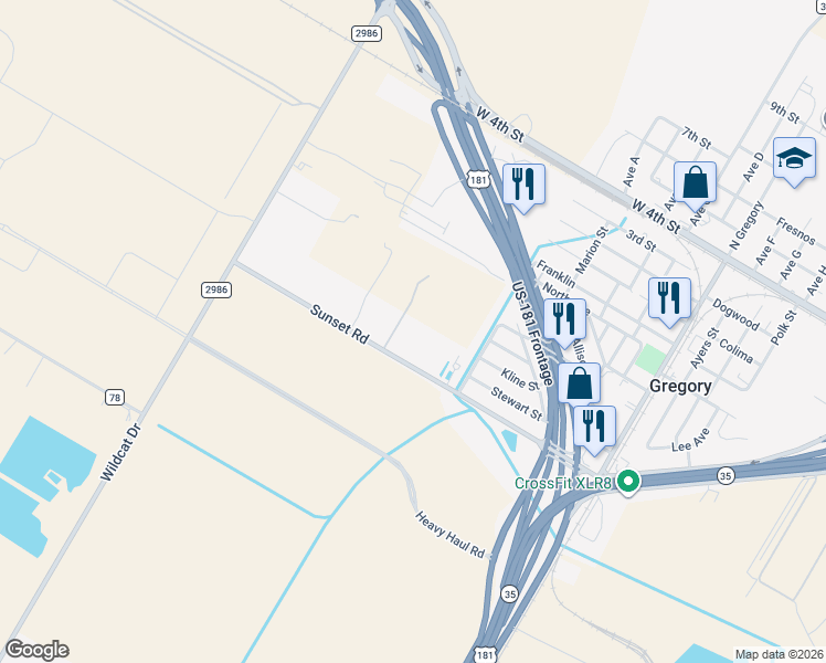 map of restaurants, bars, coffee shops, grocery stores, and more near 306 County Road 1910 in Gregory