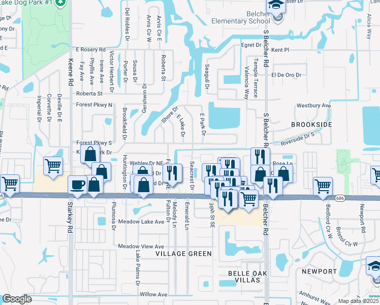 map of restaurants, bars, coffee shops, grocery stores, and more near 3386 Barnsdale Drive in Largo