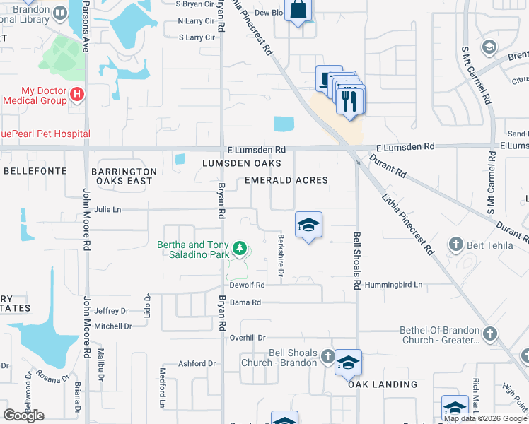map of restaurants, bars, coffee shops, grocery stores, and more near 1026 Emerald Drive in Brandon