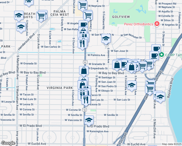 map of restaurants, bars, coffee shops, grocery stores, and more near 3720 West Bay to Bay Boulevard in Tampa