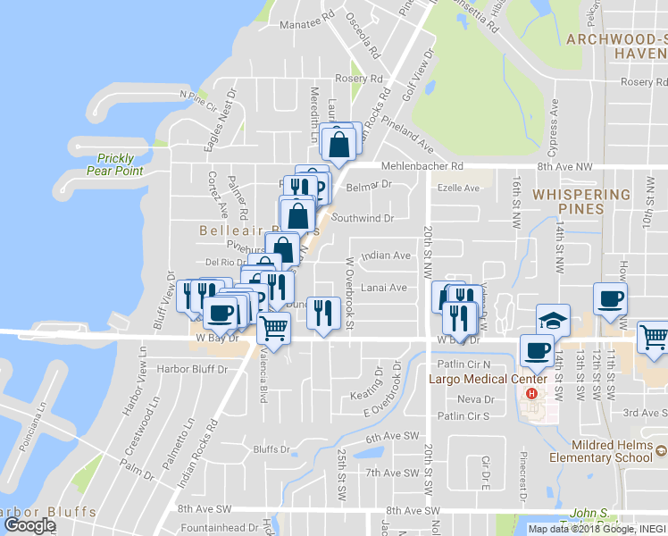 map of restaurants, bars, coffee shops, grocery stores, and more near 2432 Indian Avenue in Belleair Bluffs