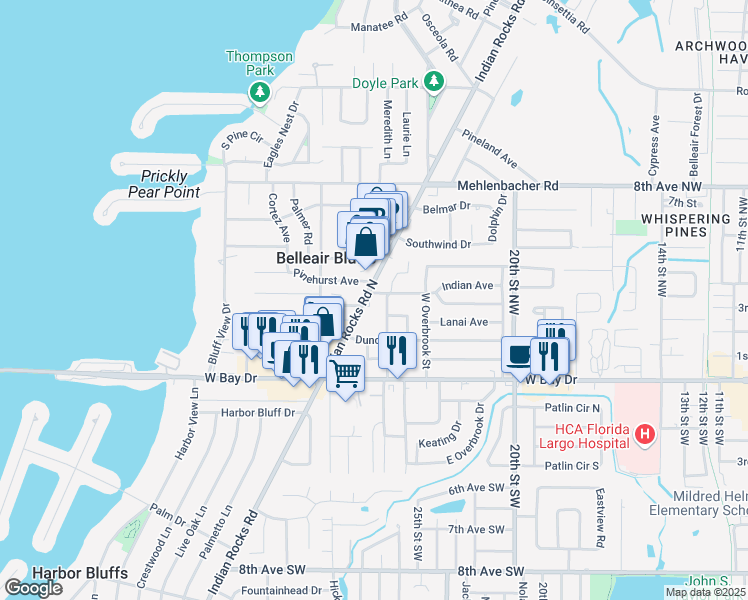 map of restaurants, bars, coffee shops, grocery stores, and more near 321 Indian Rocks Road North in Belleair Bluffs