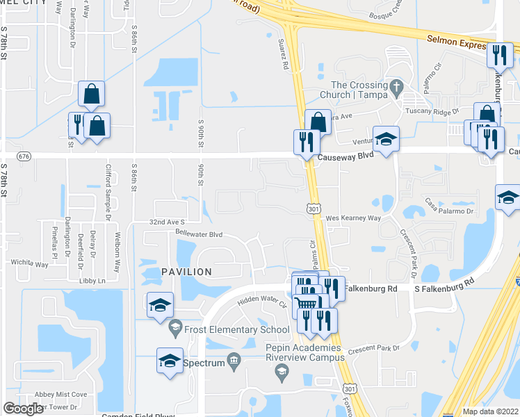 map of restaurants, bars, coffee shops, grocery stores, and more near 9453 Windermere Lake Drive in Riverview