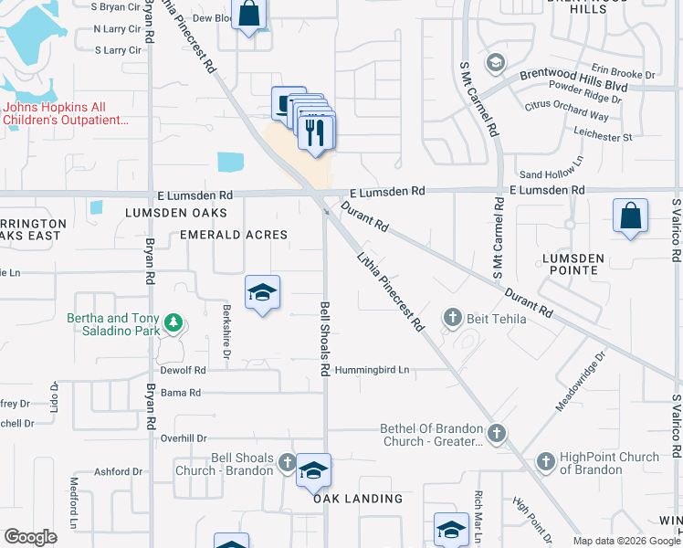 map of restaurants, bars, coffee shops, grocery stores, and more near 1309 Bell Shoals Road in Brandon