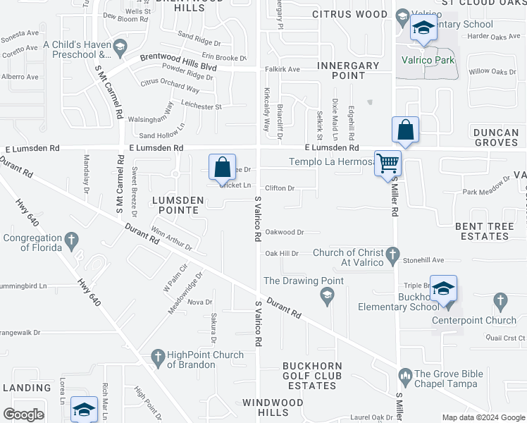 map of restaurants, bars, coffee shops, grocery stores, and more near 1305 South Valrico Road in Valrico