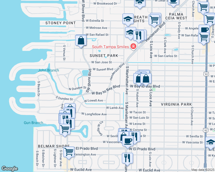 map of restaurants, bars, coffee shops, grocery stores, and more near 4603 West Bay to Bay Boulevard in Tampa