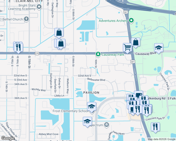 map of restaurants, bars, coffee shops, grocery stores, and more near 8810 32nd Avenue South in Tampa