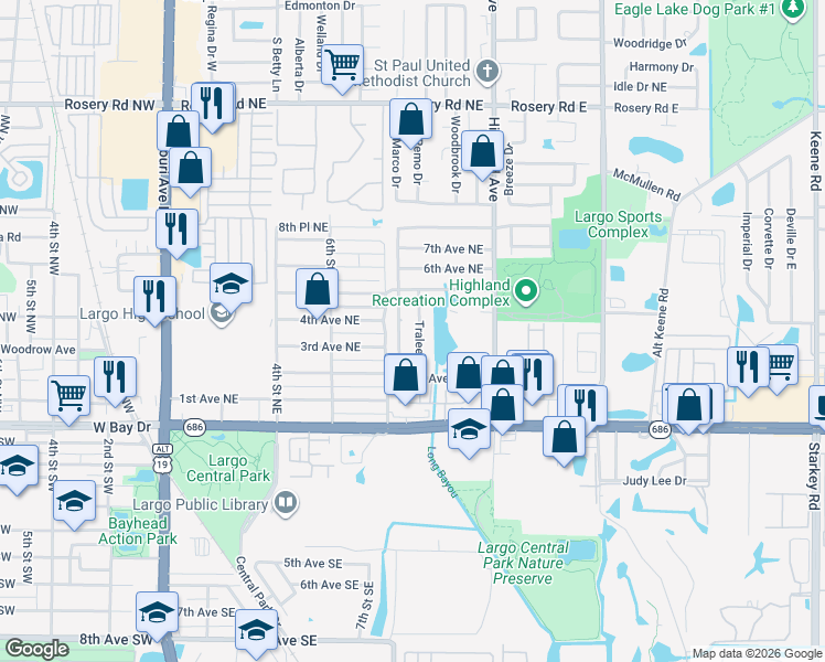map of restaurants, bars, coffee shops, grocery stores, and more near 310 Tralee Street in Largo