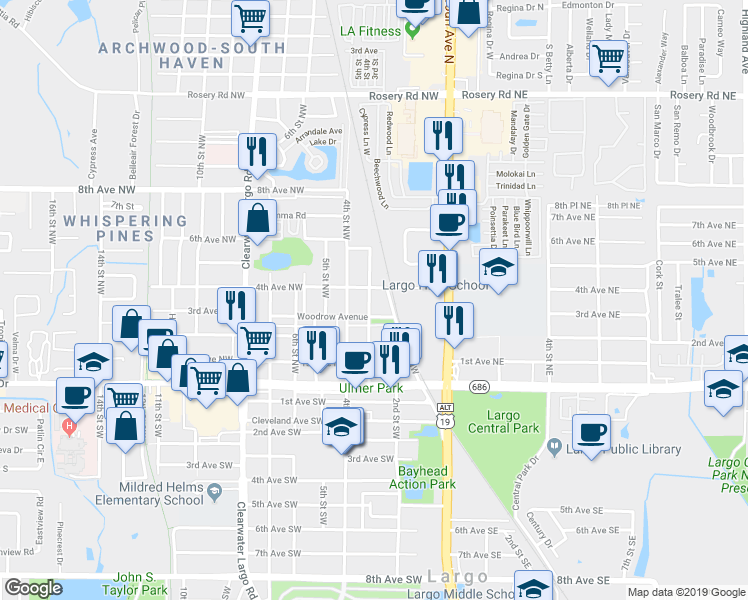 map of restaurants, bars, coffee shops, grocery stores, and more near 356 3rd Street Northwest in Largo