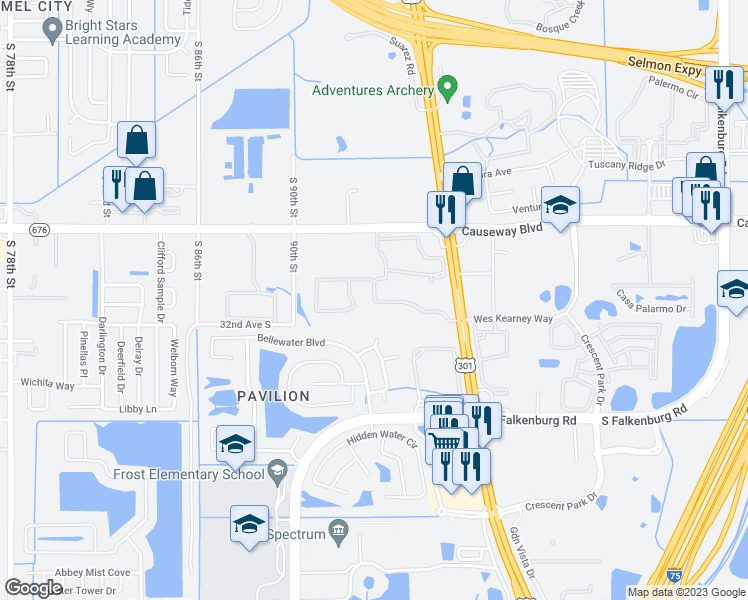 map of restaurants, bars, coffee shops, grocery stores, and more near 9453 Windermere Lake Drive in Riverview