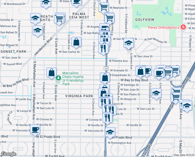 map of restaurants, bars, coffee shops, grocery stores, and more near 3816 West Bay to Bay Boulevard in Tampa