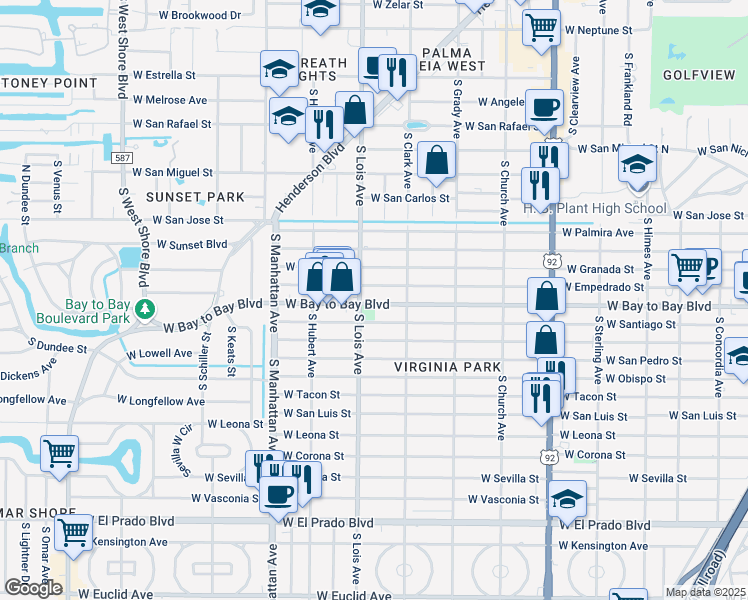 map of restaurants, bars, coffee shops, grocery stores, and more near in Tampa