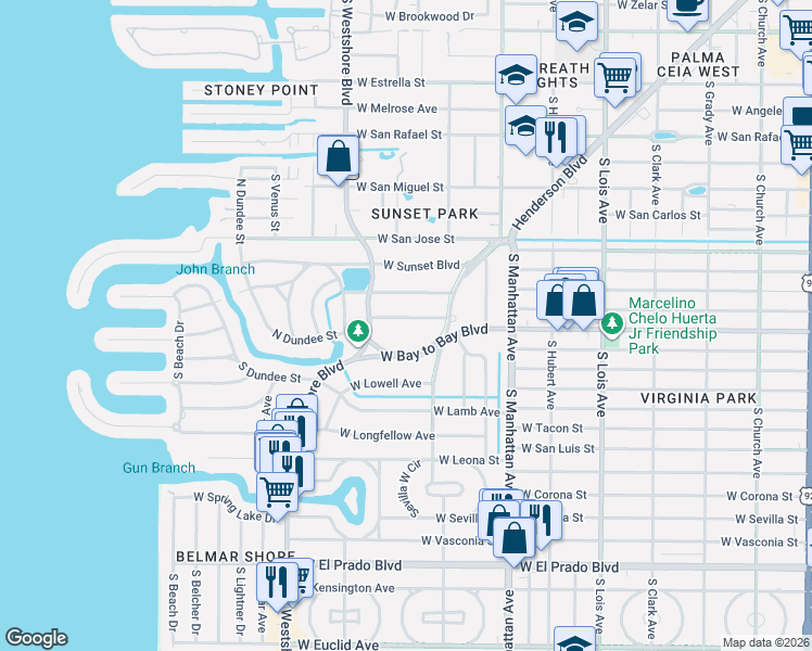 map of restaurants, bars, coffee shops, grocery stores, and more near 4619 West Bay to Bay Boulevard in Tampa