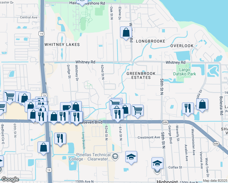 map of restaurants, bars, coffee shops, grocery stores, and more near 2827 Eagle Run Circle South in Clearwater