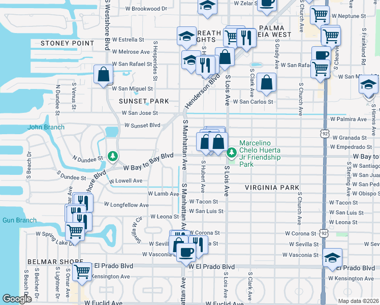 map of restaurants, bars, coffee shops, grocery stores, and more near 3001 South Manhattan Avenue in Tampa