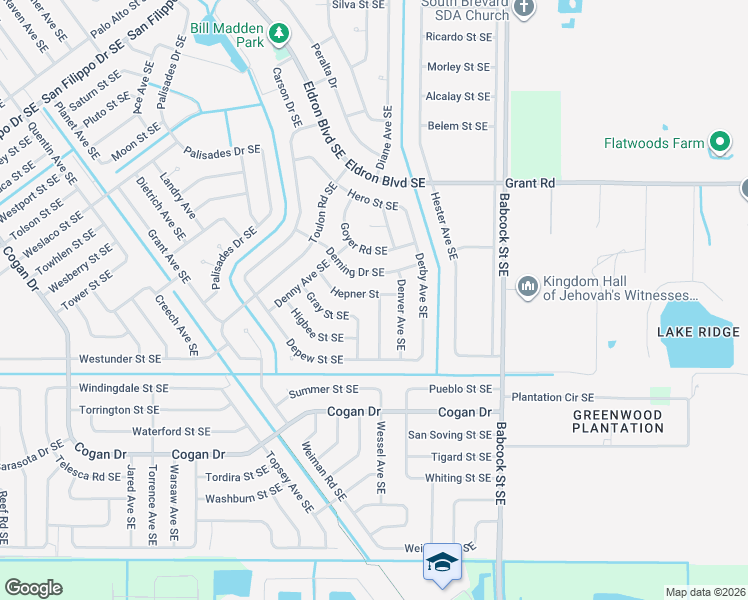 map of restaurants, bars, coffee shops, grocery stores, and more near 2925 Herder Avenue Southeast in Palm Bay