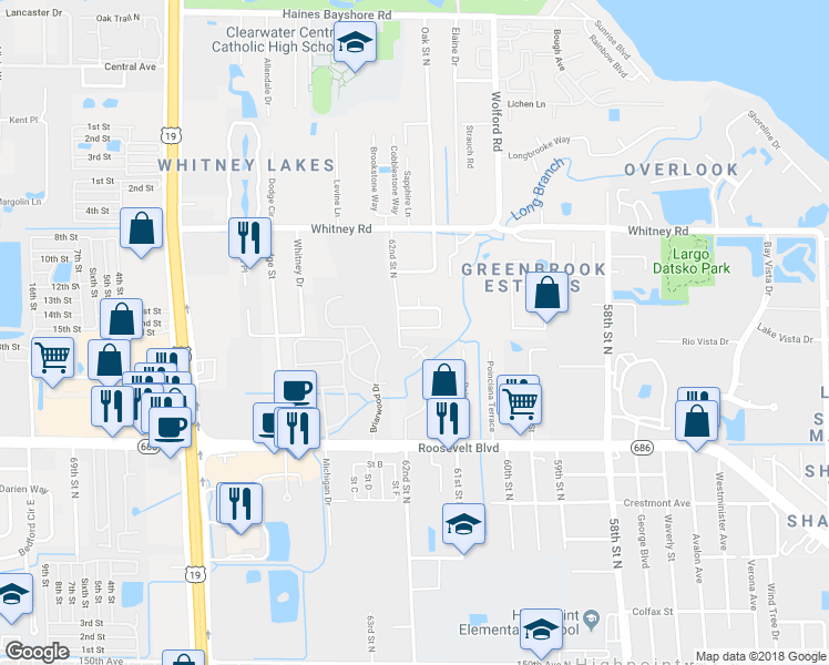 map of restaurants, bars, coffee shops, grocery stores, and more near 2827 Eagle Run Circle South in Clearwater