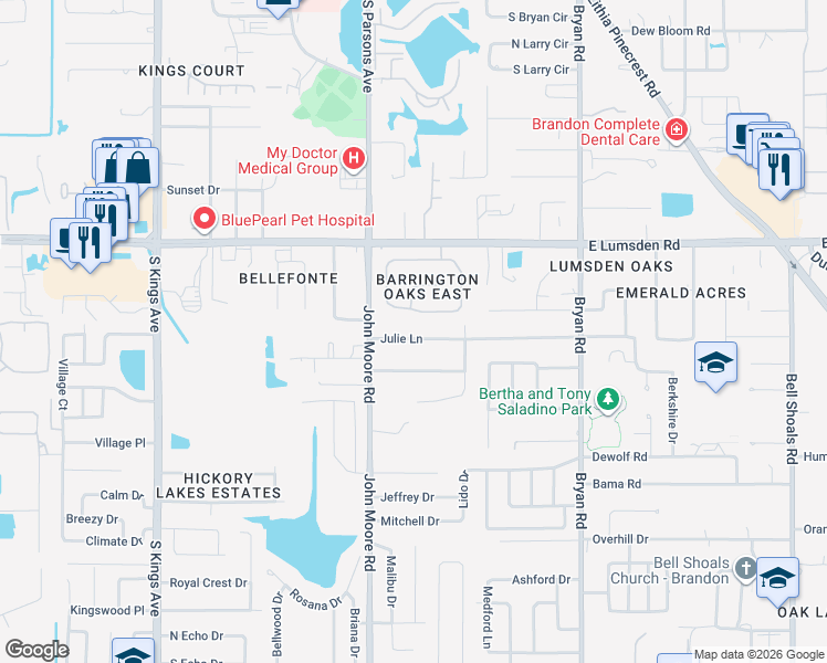 map of restaurants, bars, coffee shops, grocery stores, and more near 111 Julie Lane in Brandon