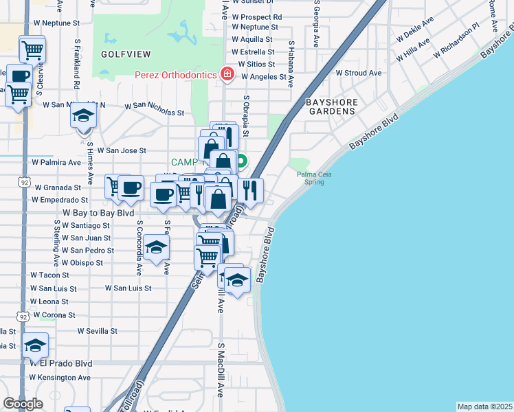 map of restaurants, bars, coffee shops, grocery stores, and more near in Tampa