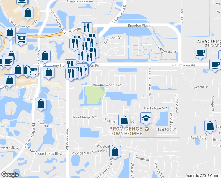 map of restaurants, bars, coffee shops, grocery stores, and more near 1602 Widelake Court in Brandon