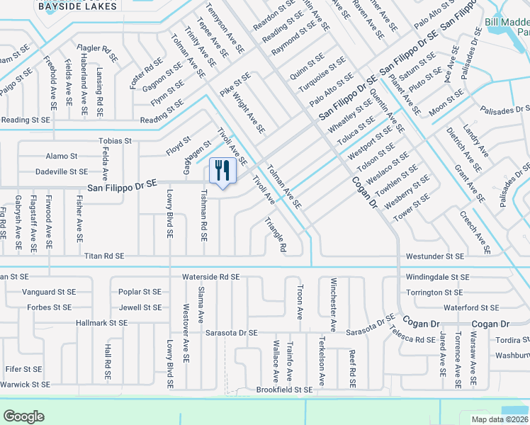map of restaurants, bars, coffee shops, grocery stores, and more near 735 Carousel Street Southeast in Palm Bay