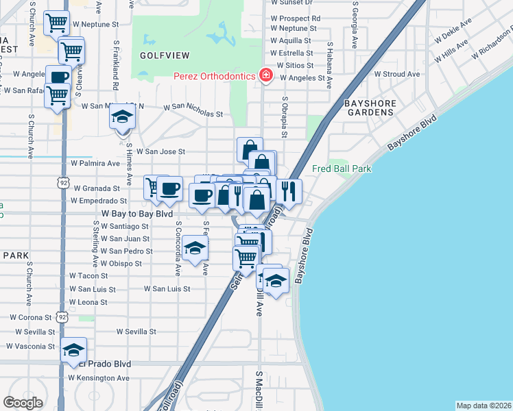 map of restaurants, bars, coffee shops, grocery stores, and more near 3078 West Bay to Bay Boulevard in Tampa