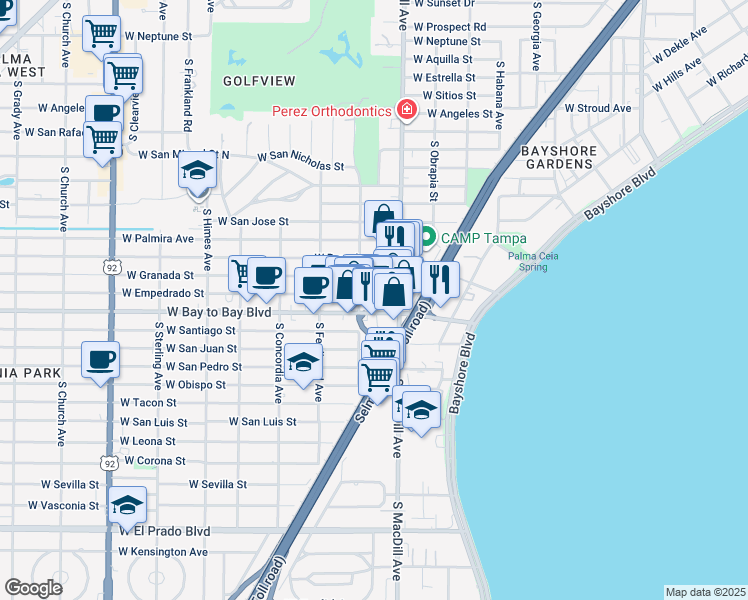 map of restaurants, bars, coffee shops, grocery stores, and more near 3112 West Empedrado Street in Tampa