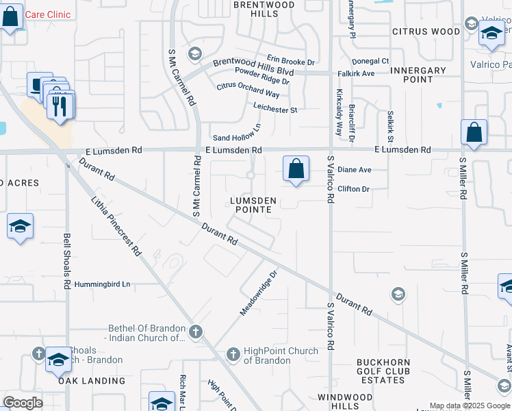 map of restaurants, bars, coffee shops, grocery stores, and more near 1122 Split Silk Street in Valrico