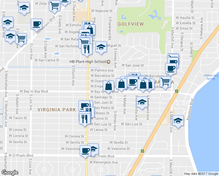 map of restaurants, bars, coffee shops, grocery stores, and more near 3606 West Empedrado Street in Tampa