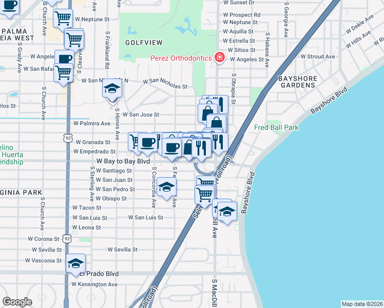 map of restaurants, bars, coffee shops, grocery stores, and more near in Tampa