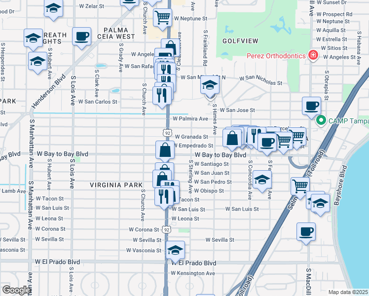 map of restaurants, bars, coffee shops, grocery stores, and more near 3704 West Granada Street in Tampa