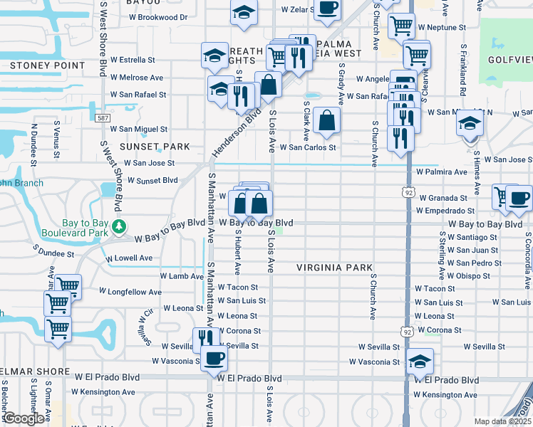 map of restaurants, bars, coffee shops, grocery stores, and more near 4210 West Granada Street in Tampa