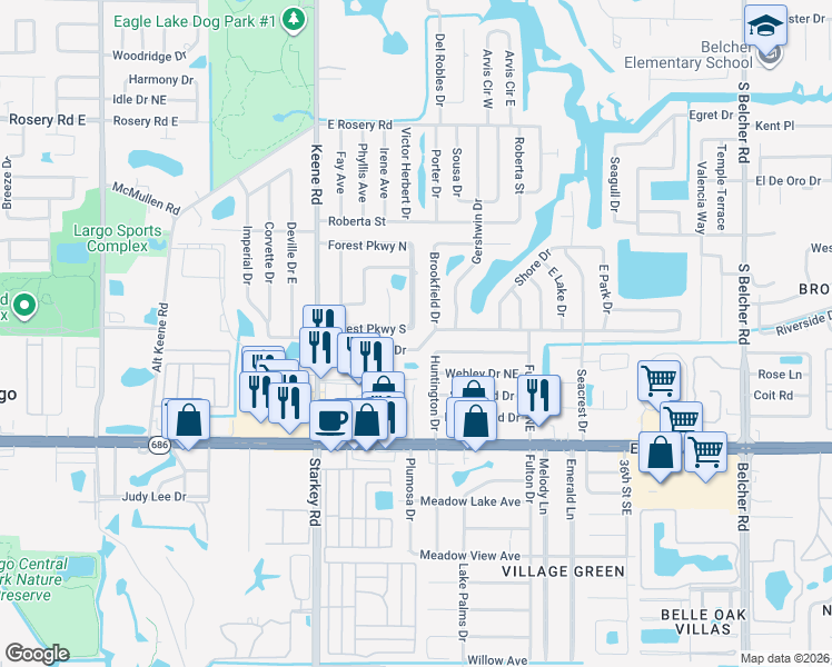 map of restaurants, bars, coffee shops, grocery stores, and more near 2796 Forest Parkway South in Largo