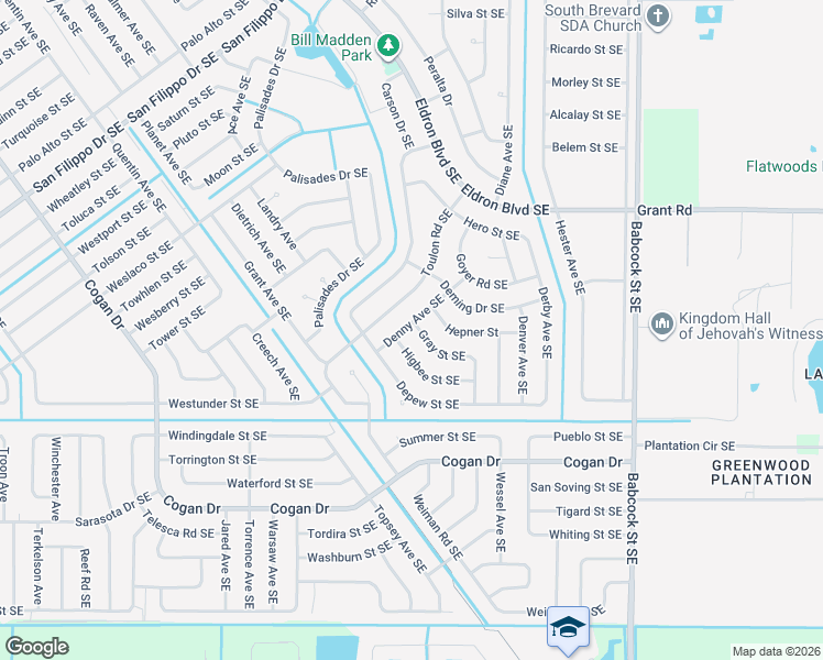 map of restaurants, bars, coffee shops, grocery stores, and more near 1406 Gray Street Southeast in Palm Bay