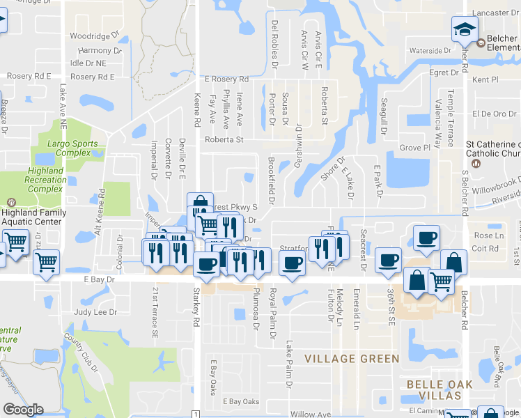 map of restaurants, bars, coffee shops, grocery stores, and more near 2796 Forest Parkway South in Largo