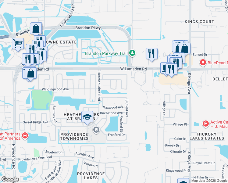 map of restaurants, bars, coffee shops, grocery stores, and more near 1021 Red Oak Circle in Brandon