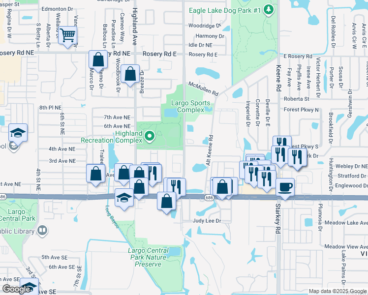 map of restaurants, bars, coffee shops, grocery stores, and more near 400 Lake Avenue Northeast in Largo