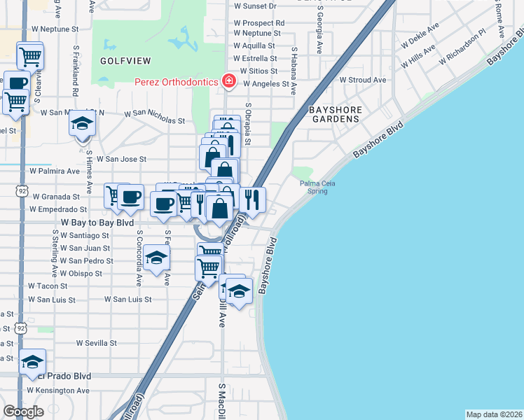 map of restaurants, bars, coffee shops, grocery stores, and more near 2910 West Barcelona Street in Tampa