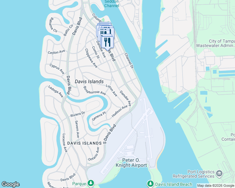 map of restaurants, bars, coffee shops, grocery stores, and more near 530 Danube Avenue in Tampa