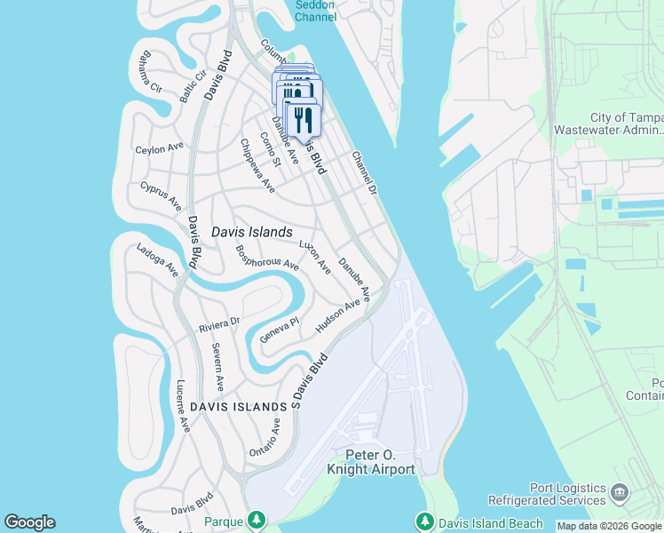 map of restaurants, bars, coffee shops, grocery stores, and more near 530 Danube Avenue in Tampa
