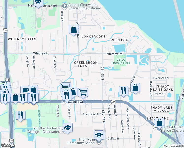 map of restaurants, bars, coffee shops, grocery stores, and more near 2079 59th Street North in Clearwater
