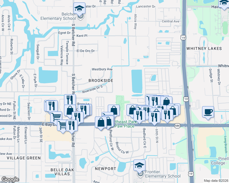 map of restaurants, bars, coffee shops, grocery stores, and more near 2081 Ashbury Drive in Clearwater