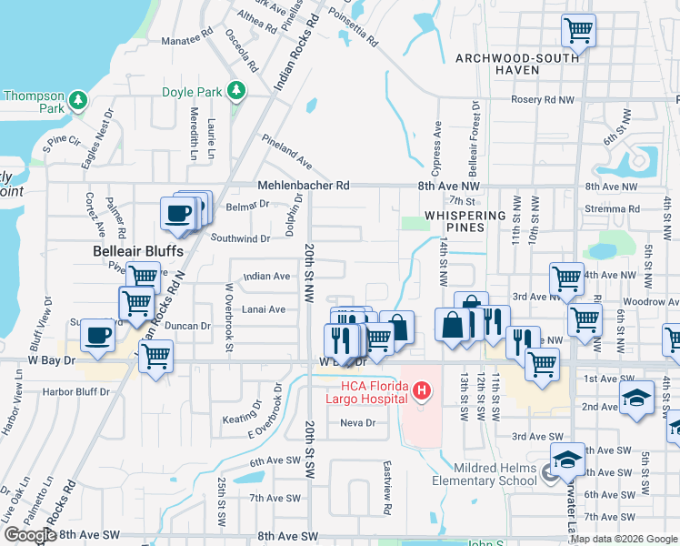 map of restaurants, bars, coffee shops, grocery stores, and more near 1874 Sierra Circle South in Largo