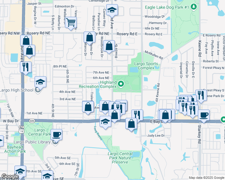 map of restaurants, bars, coffee shops, grocery stores, and more near 300 Highland Avenue in Largo