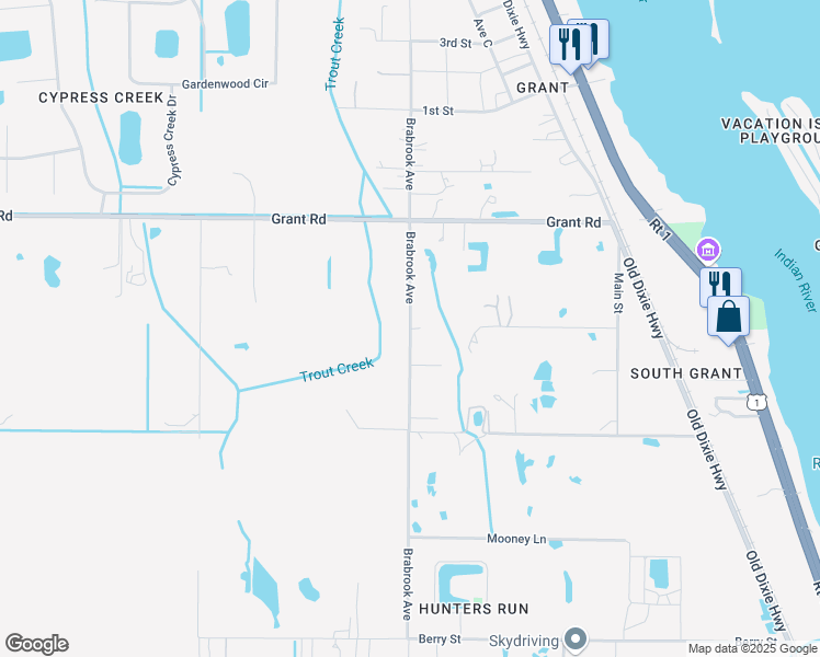 map of restaurants, bars, coffee shops, grocery stores, and more near 5880 Brabrook Avenue in Grant-Valkaria