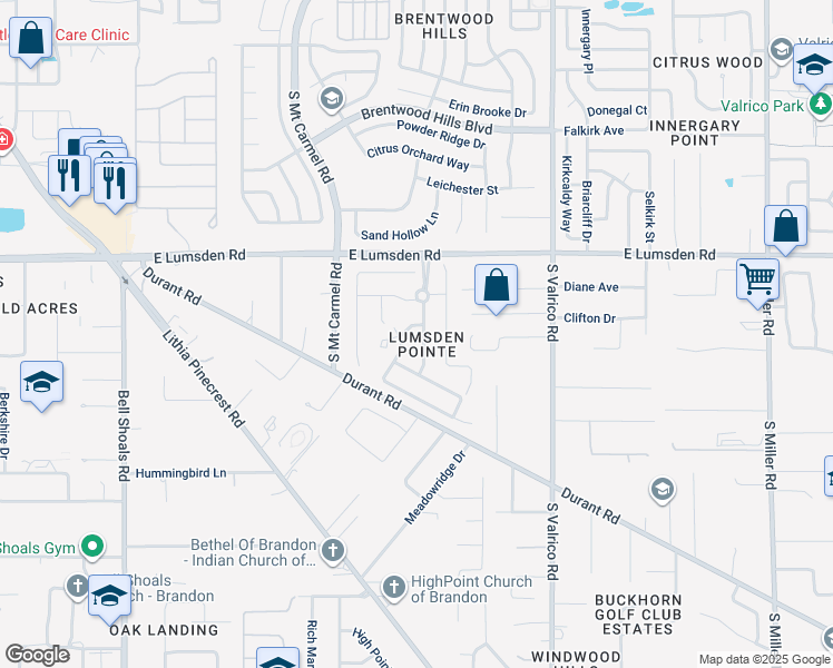 map of restaurants, bars, coffee shops, grocery stores, and more near 1114 Lumsden Pointe Boulevard in Valrico