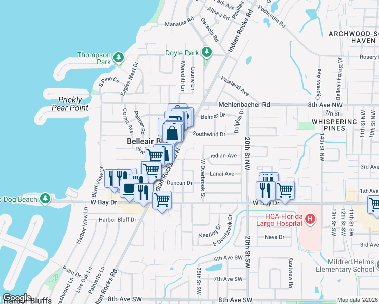map of restaurants, bars, coffee shops, grocery stores, and more near 464 Jewel Court in Belleair Bluffs