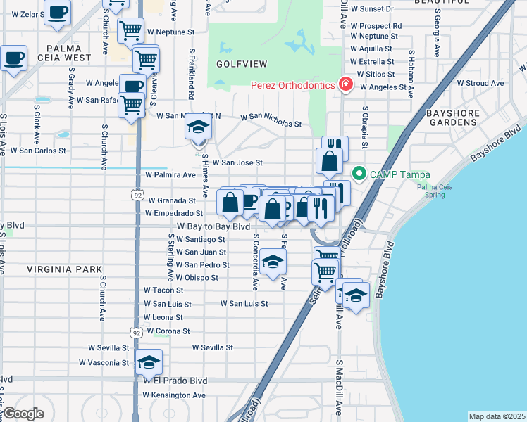 map of restaurants, bars, coffee shops, grocery stores, and more near 3320 West Granada Street in Tampa