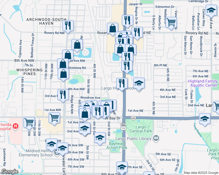 map of restaurants, bars, coffee shops, grocery stores, and more near 231 Commerce Drive South in Largo