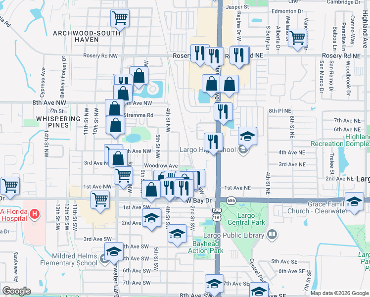 map of restaurants, bars, coffee shops, grocery stores, and more near 424 3rd Street Northwest in Largo